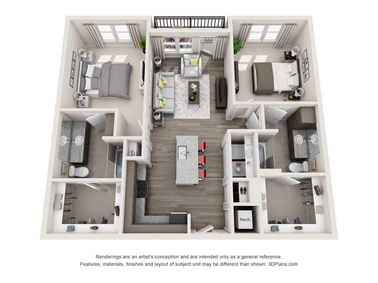 Floor plan for 2 beds, 2 baths, 1123 sqft